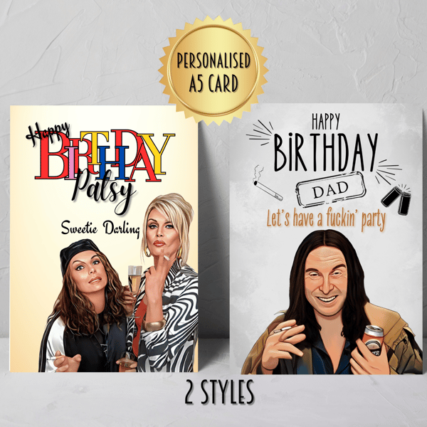 Personalised birthday greeting card comedy show Tv series ab fab shameless