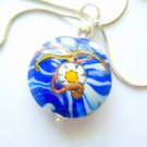 Murano Glass blue and white pendant with sterling silver chain.