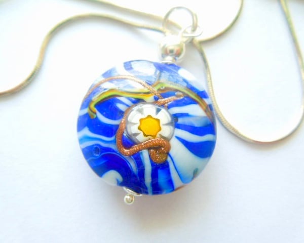 Murano Glass blue and white pendant with sterling silver chain.