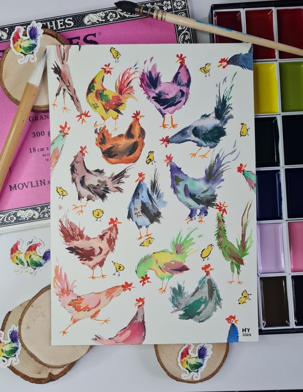 Original hand painted watercolour funny chicken party art