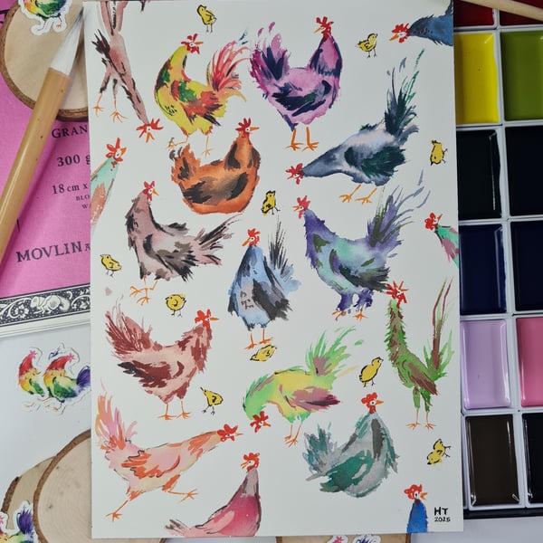 Original hand painted watercolour funny chicken party art