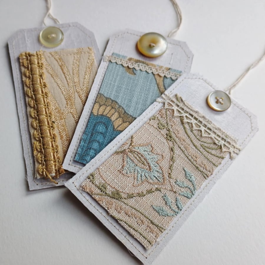 3 Gift Tags - duck egg vintage silk and lace, with reclaimed curtain textiles 