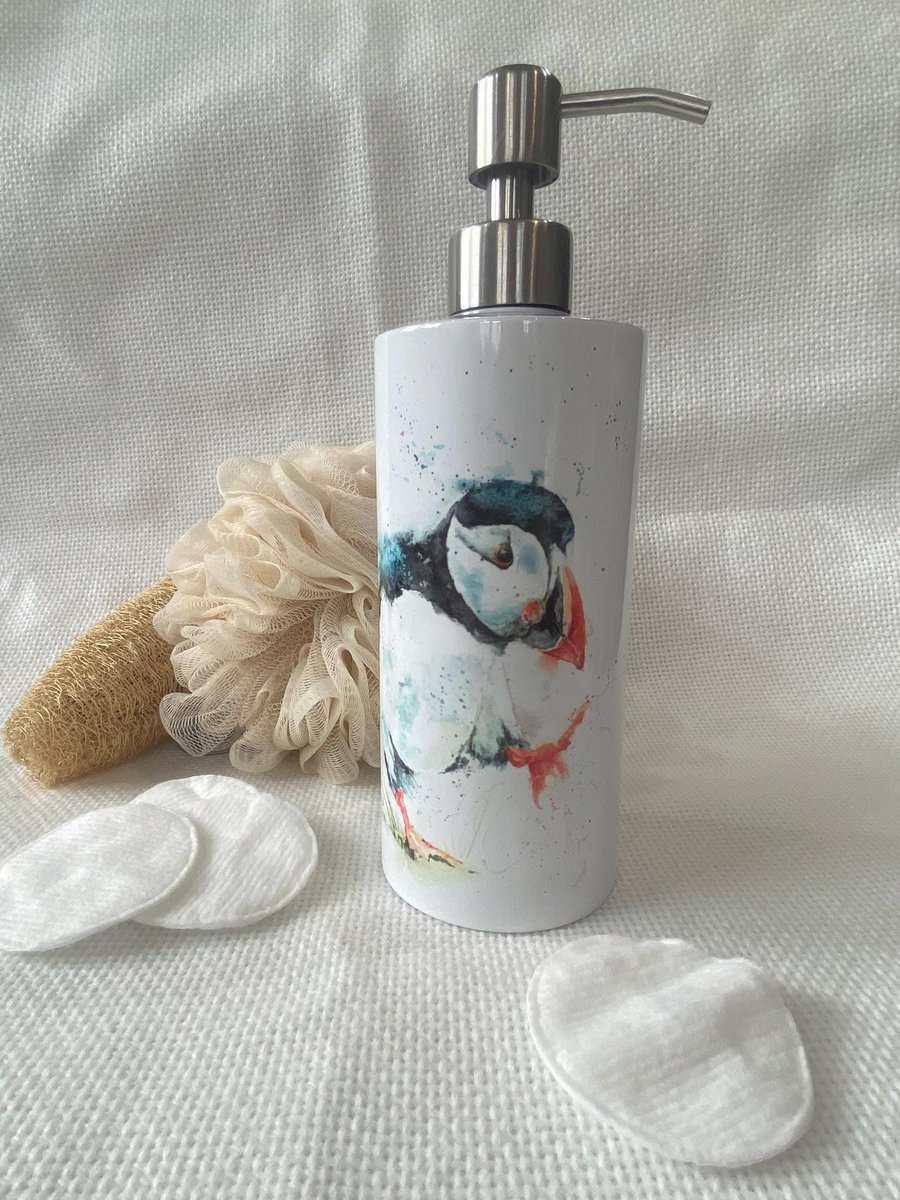 Puffin Watercolour Design, Liquid Soap Pump Dispenser, by Wildlife Artist Sandi 