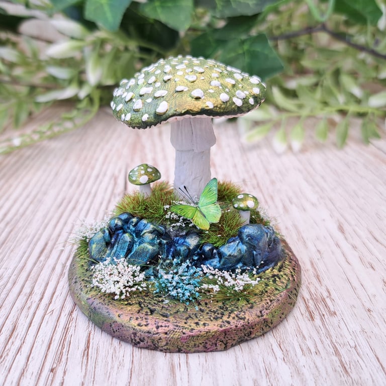 Fantasy Toadstool Ornament - Metallic Green Gold
