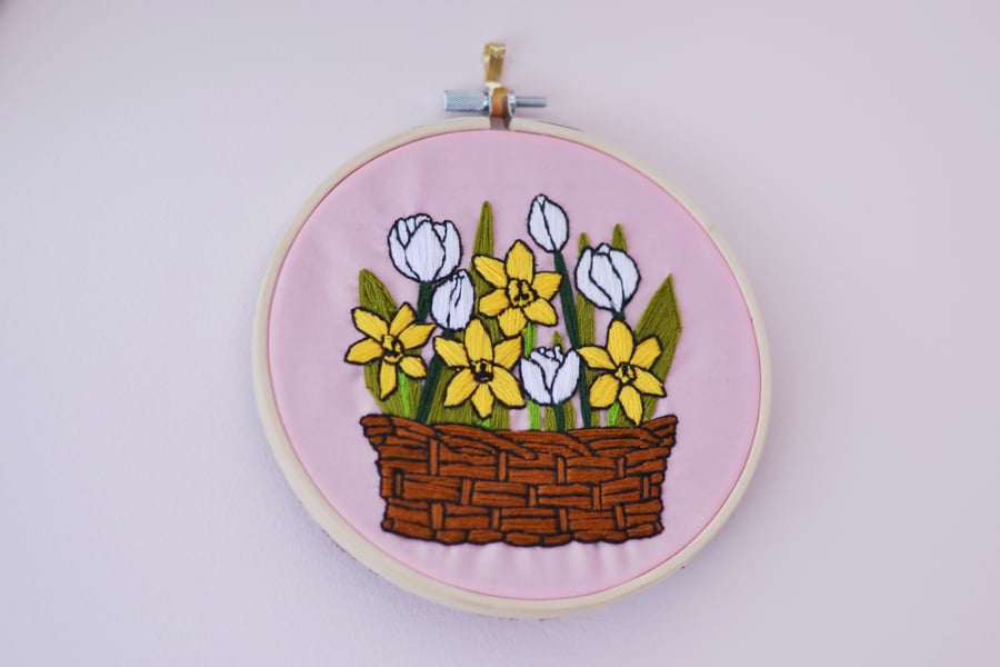 Daffodil  and Crocus Flower Hand Embroidered Hoop Wall Hanging