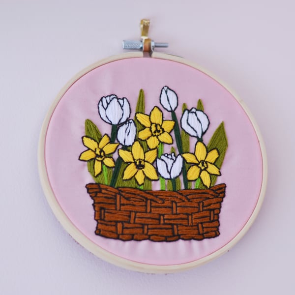 Daffodil  and Crocus Flower Hand Embroidered Hoop Wall Hanging