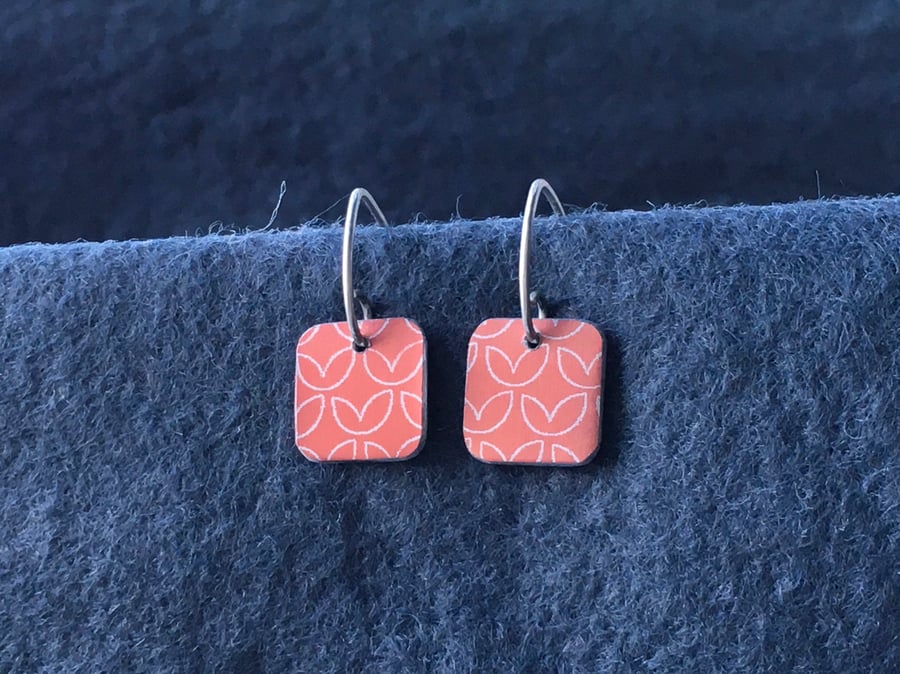 Coral pink square drop earrings