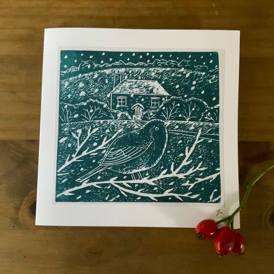 Winter Robin lino print card, a hand printed linocut greetings card