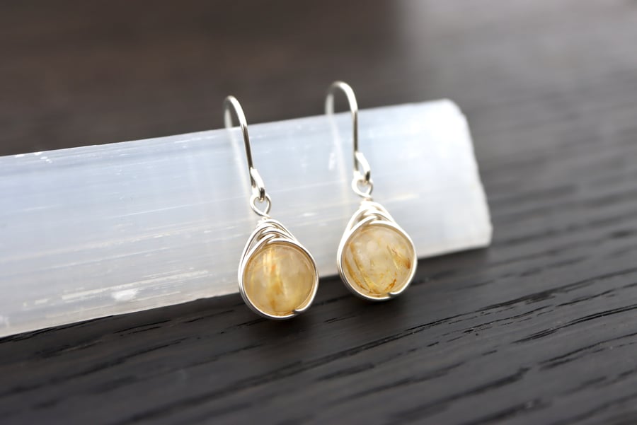 Golden Rutile Quartz Drop Earrings in Sterling Silver