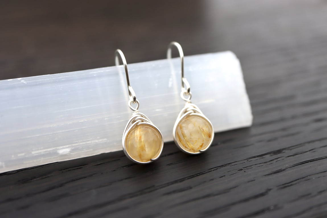 Golden Rutile Quartz Drop Earrings in Sterling Silver