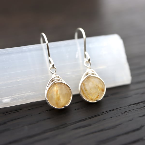 Golden Rutile Quartz Drop Earrings in Sterling Silver