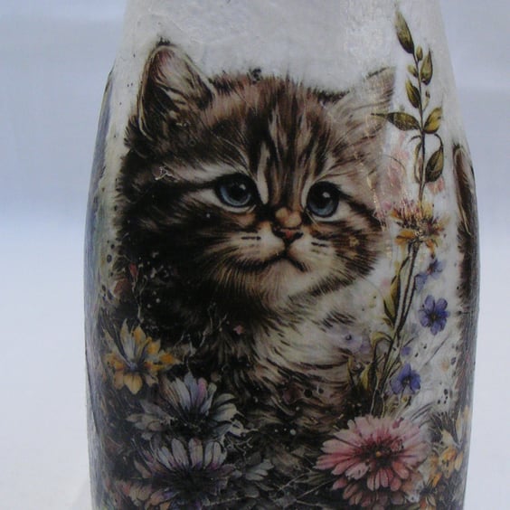 Decoupaged Cat Glass Vase