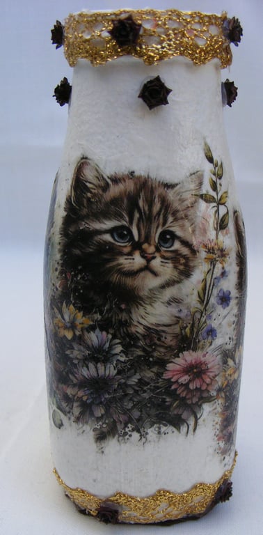 Decoupaged Cat Glass Vase