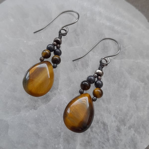 Copper  Drop Tigers Eye Earrings Niobium Ear Wires  