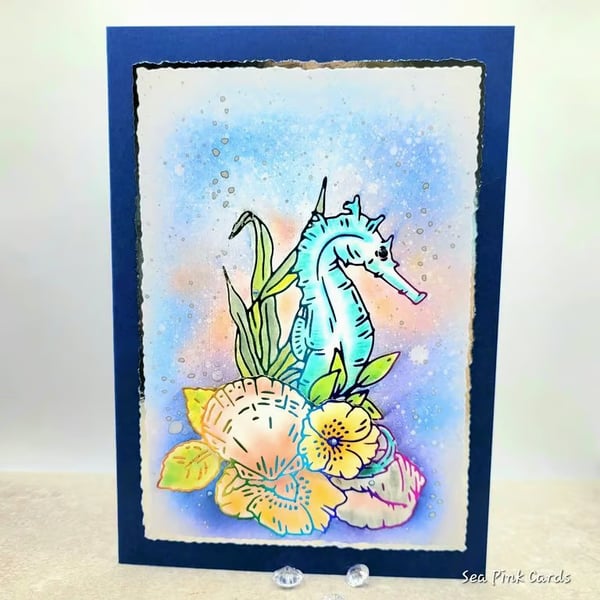 Blank Card Seahorse - birthday, mother's day, sea-life, rainbow foiled image