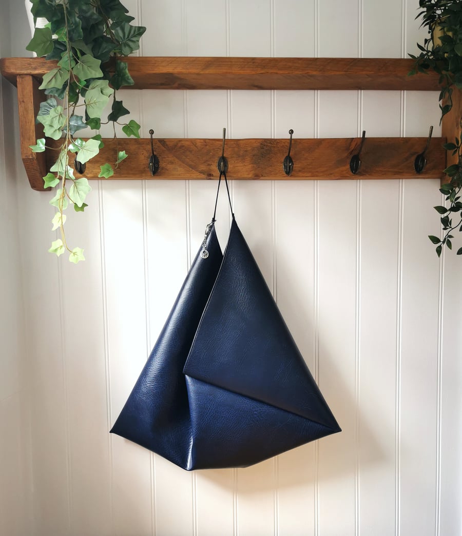 Navy Vegan Leather Origami Bag with Faux Suede Straps and Charm