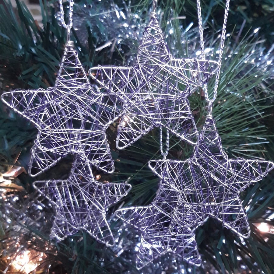 Set of Five Mini Scribble Star Christmas Decorations - Silver & Lilac
