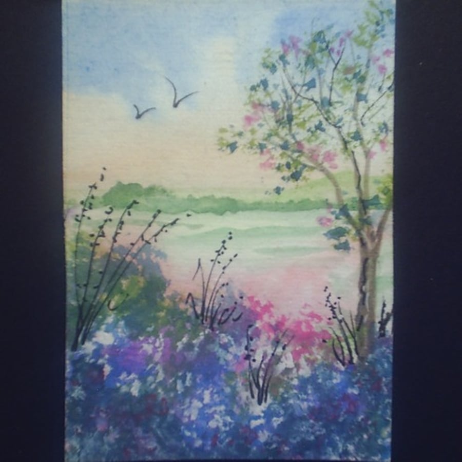 Spring aceo original watercolour country scene by Gweddus