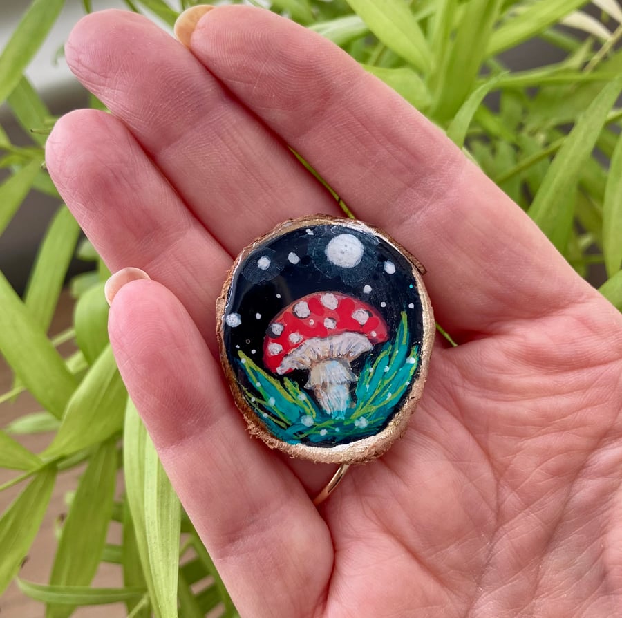 Hand Painted Mushroom Brooch  Wood Slice Rustic Woodland Jewelry Nature Lovers