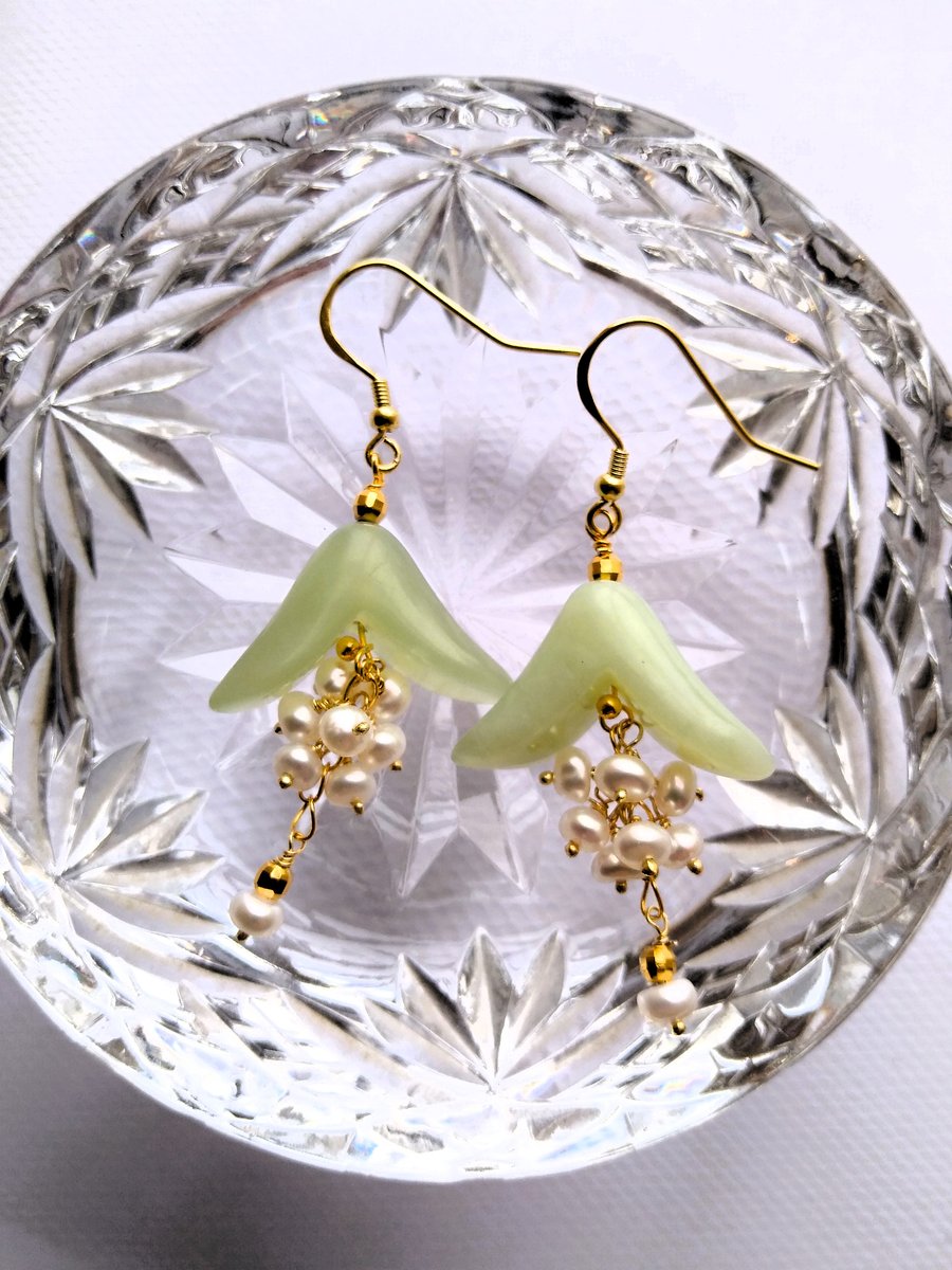 Green Serpentine & Pearl Floral Style Gold Plated Silver Drop Earrings