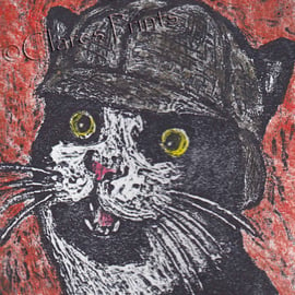 Sherlock Kitty Cat Art Limited Edition Hand-Pulled Collagraph Print Coloured