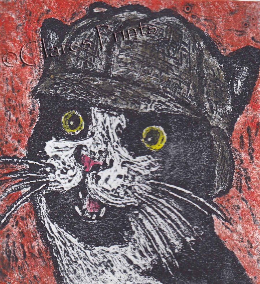 Sherlock Kitty Cat Art Limited Edition Hand-Pulled Collagraph Print Coloured