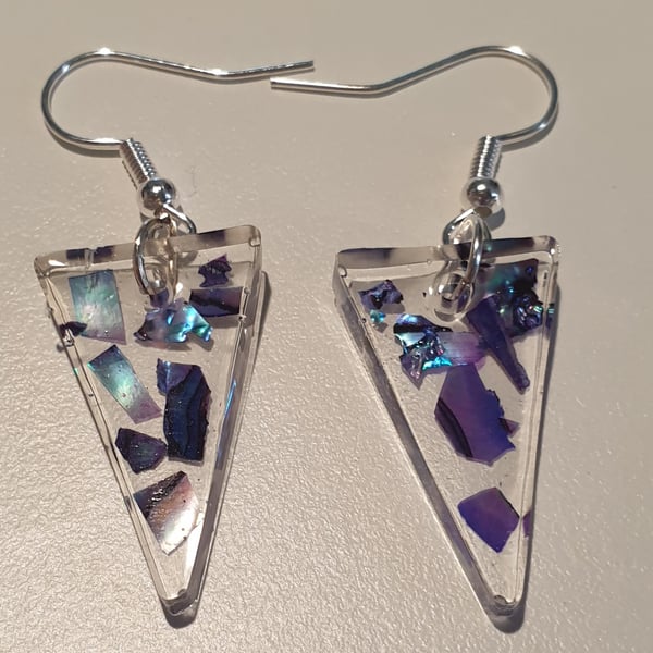 Triangle blue mother of pearl resin earrings