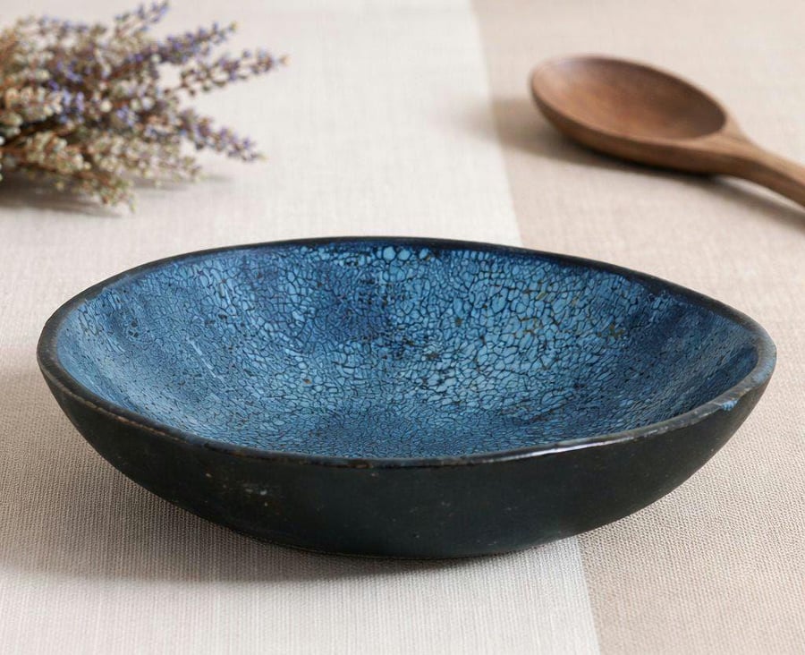 Handcrafted Stoneware Bowl - Blue Textured Ceramic Art, 21cm