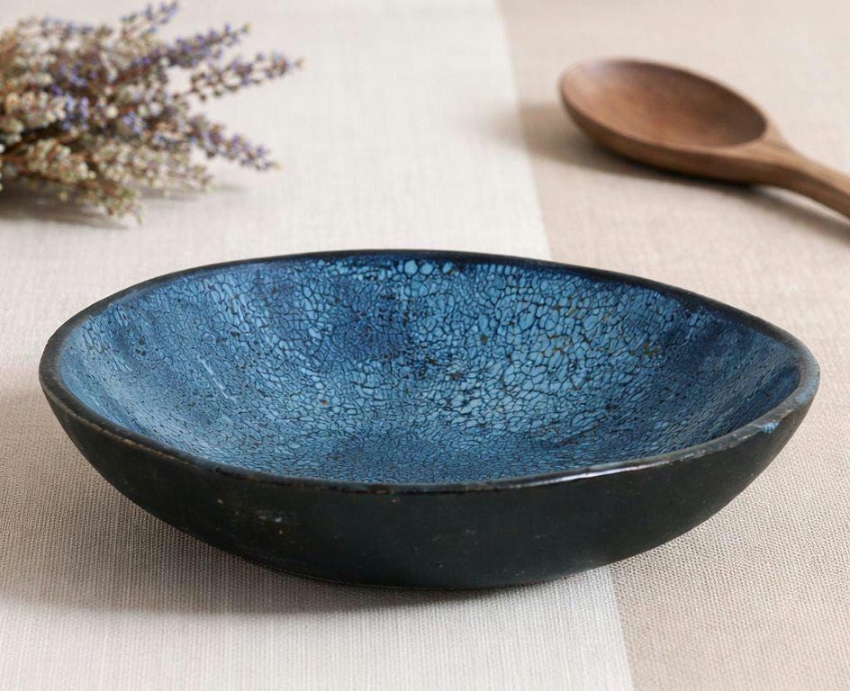 Handcrafted Stoneware Bowl - Blue Textured Ceramic Art, 21cm