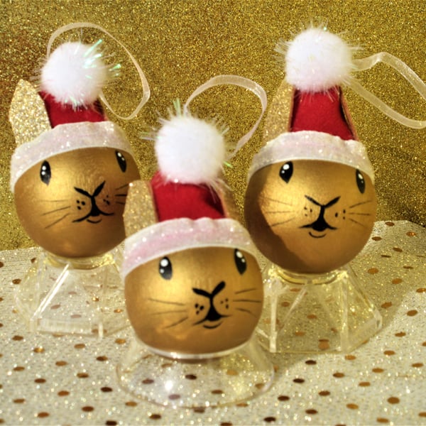 Bunny Rabbit Christmas Tree Baubles Hanging Decoration in Gold Set of 3