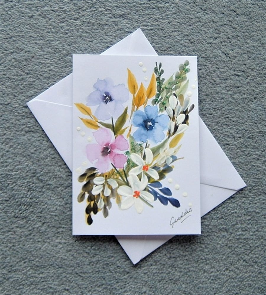 hand painted watercolour floral blank greetings card ( ref F 81 )