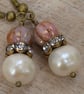 Freshwater Pearl, Czech Rose Glass Bead & Diamante Rondelle Earrings - Image 2