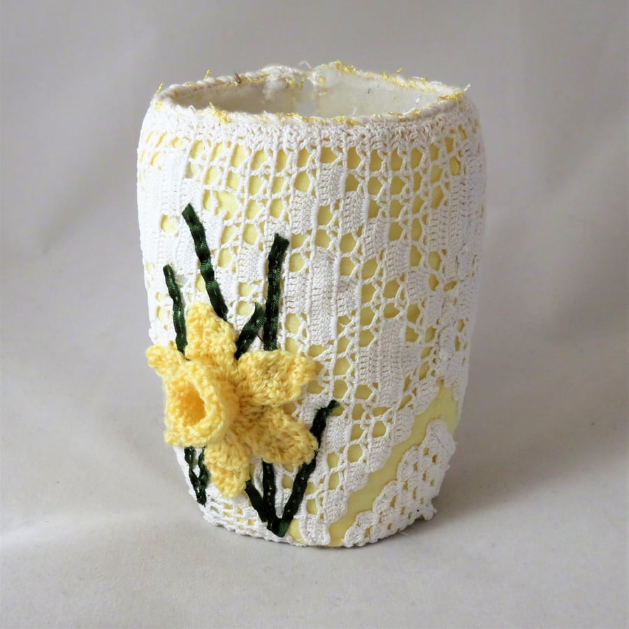 SALE Lace Daffodil Vase from vintage crocheted lace and crocheted daffodil