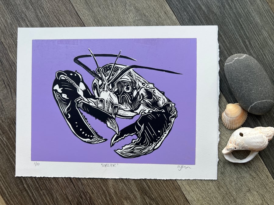 Scottish lobster (lilac, purple) original lino print