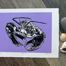 Scottish lobster (lilac, purple) original lino print