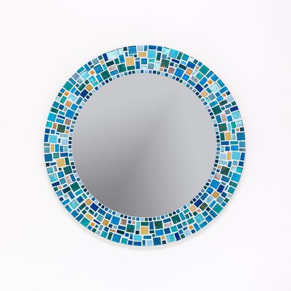Round Mosaic Wall Mirror 50cm in shades of Teal, Aqua, Turquoise & Yellow 