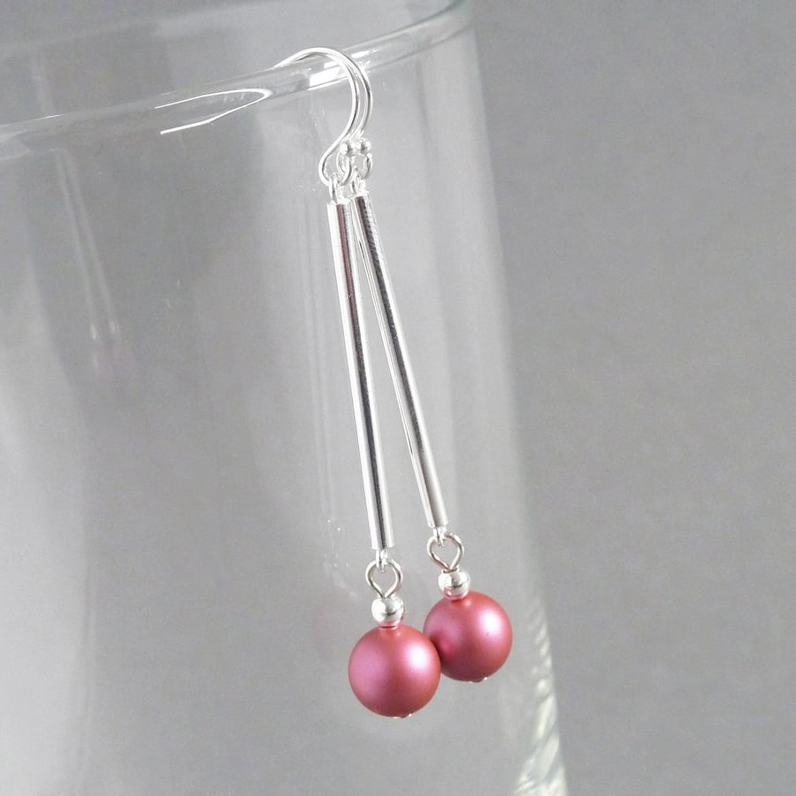Long Raspberry Pearl and Silver Bar Drop Earrings - Hot Pink Dangle Earrings