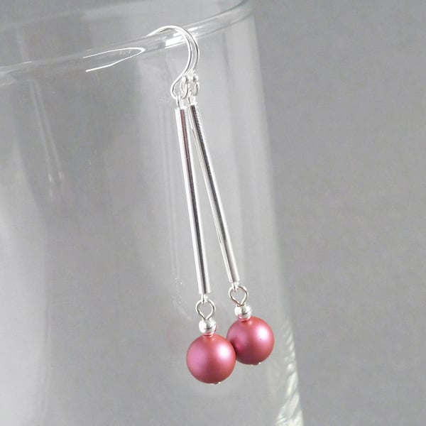 Long Raspberry Pearl and Silver Bar Drop Earrings - Hot Pink Dangle Earrings