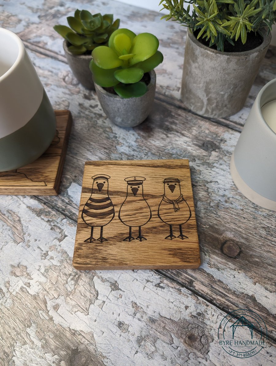 Set of 4 Wooden Coasters - Chunky Solid Oak Coaster - Engraved Seaside Coaster 