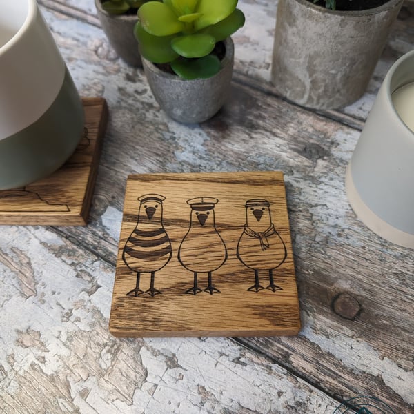 Set of 4 Wooden Coasters - Chunky Solid Oak Coaster - Engraved Seaside Coaster 