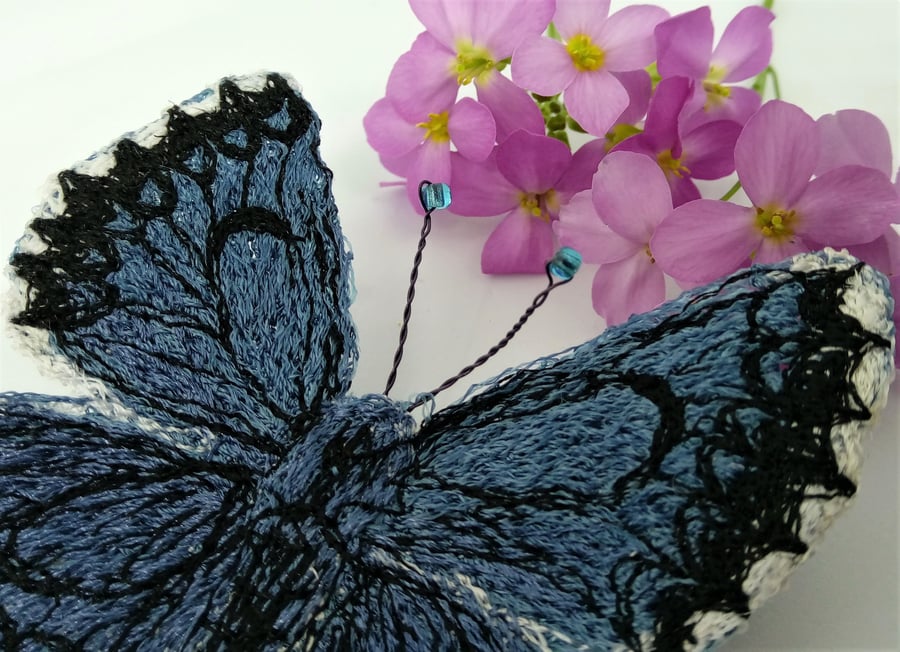 Chequered Blue Butterfly Embroidered Brooch