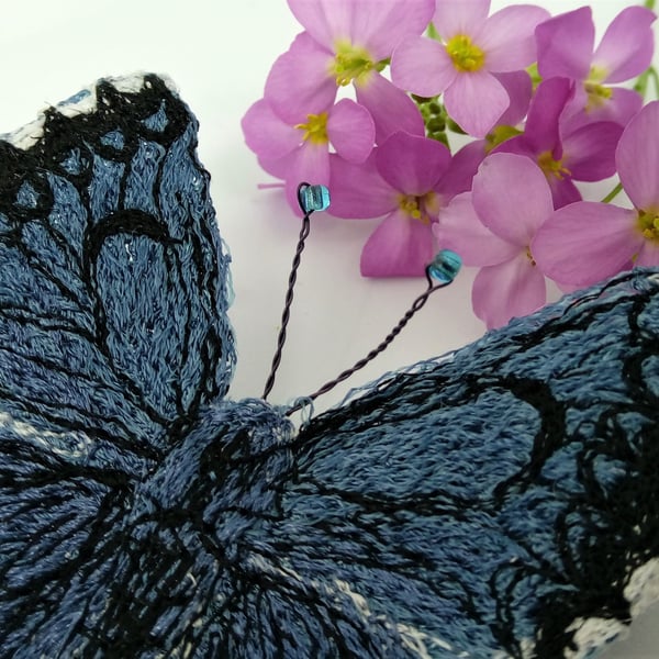 Chequered Blue Butterfly Embroidered Brooch