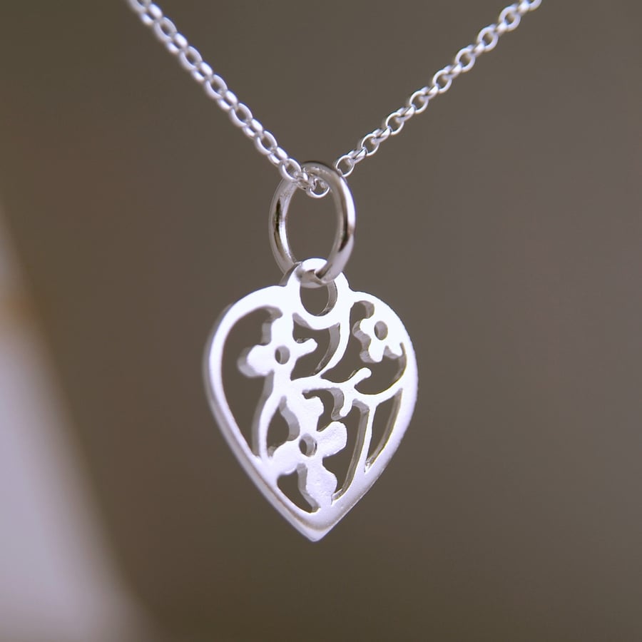 Flowers in a Heart Pendant, Blooming Heart Necklace, Sterling Silver