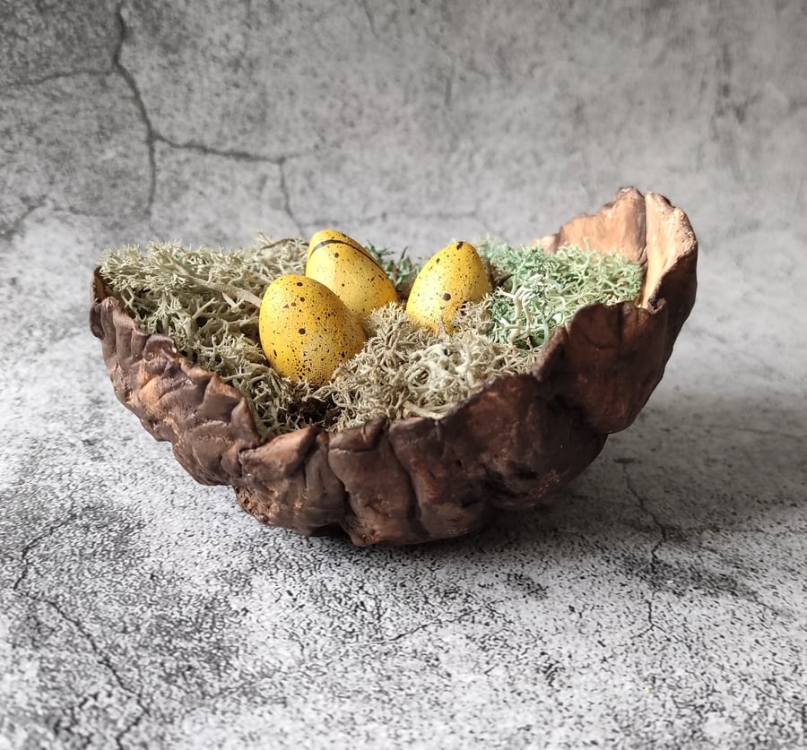 Rustic Bird Nest, Handmade Clay Bowl, Wabi Sabi, Naturecore, Green Witch