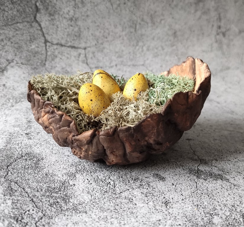 Rustic Bird Nest, Handmade Clay Bowl, Wabi Sabi, Naturecore, Green Witch