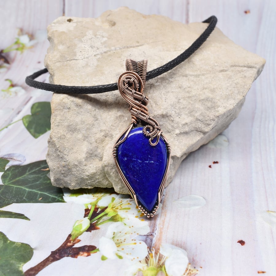 Lapis Lazuli and Copper Wire Wrapped Unisex Pendant