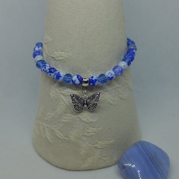 Speckled Blue Agate Butterfly Charm Bracelet