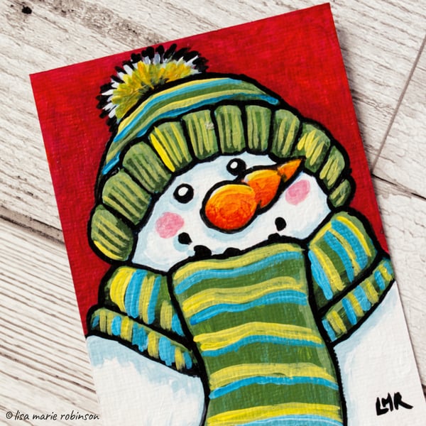 Snowman Green Scarf Hat Carrot Nose - Orignal ACEO Painting