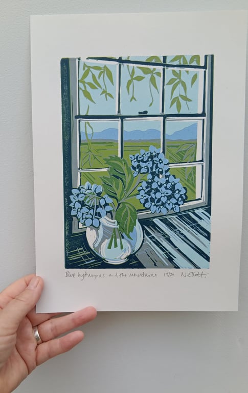 'Blue hydrangeas and the mountains' - linoprint