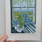 'Blue hydrangeas and the mountains' - linoprint